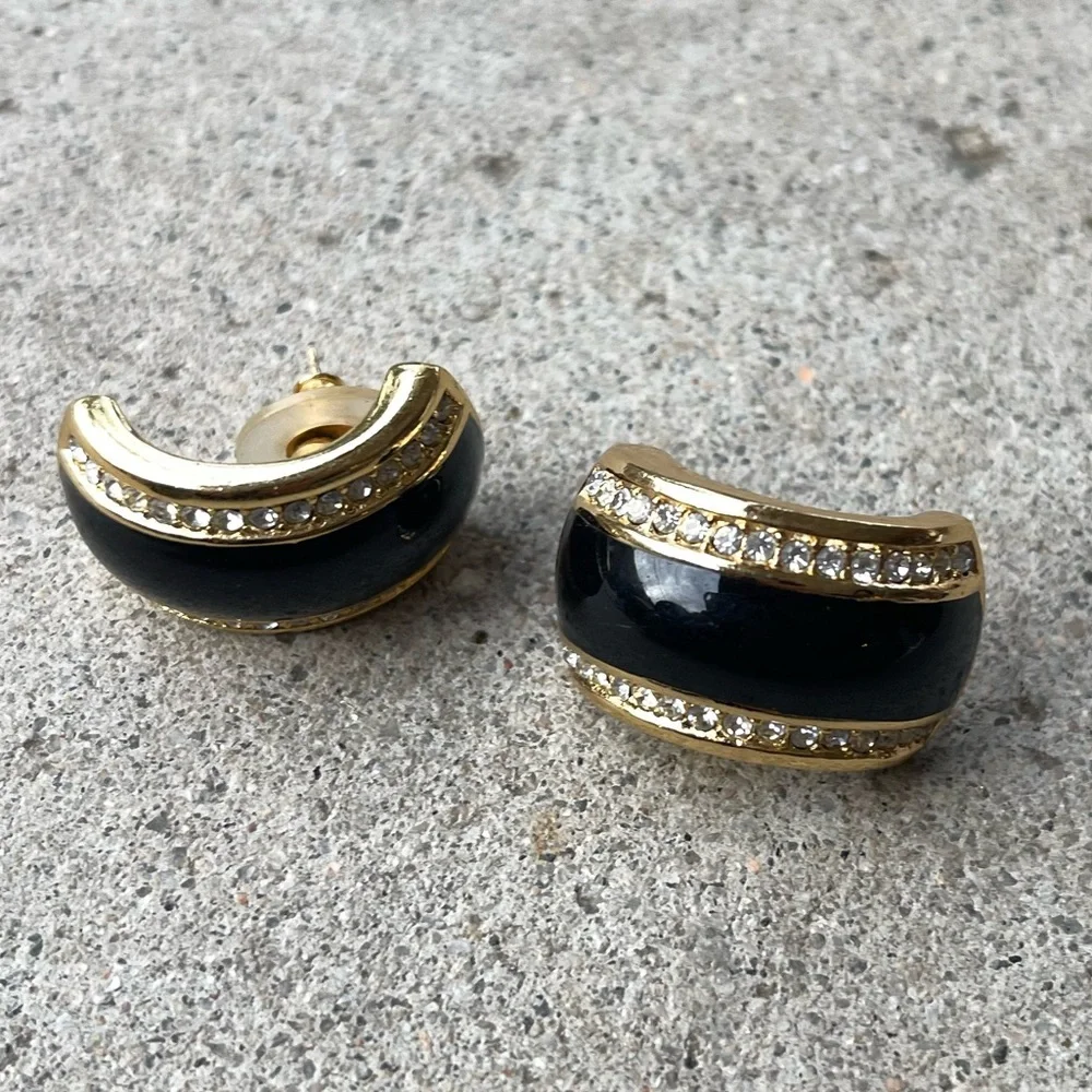 Vintage Gold Black Enamel pierced Earrings Rhinestone accents